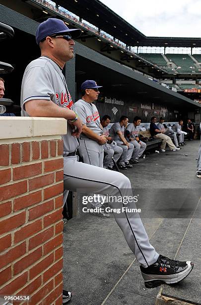 Manager Manny Acta of the Cleveland Indians watches the game against the Baltimore Orioles at Camden Yards on May 16, 2010 in Baltimore, Maryland.