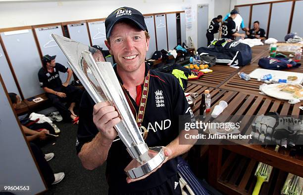 England captain Paul Collingwood with the trophy in the teams dressing room after his teams victory against Australia in the final of the ICC World...