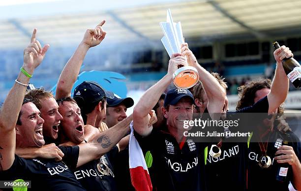 England captain Paul Collingwood with the trophy at the presentations after his teams victory against Australia in the final of the ICC World...