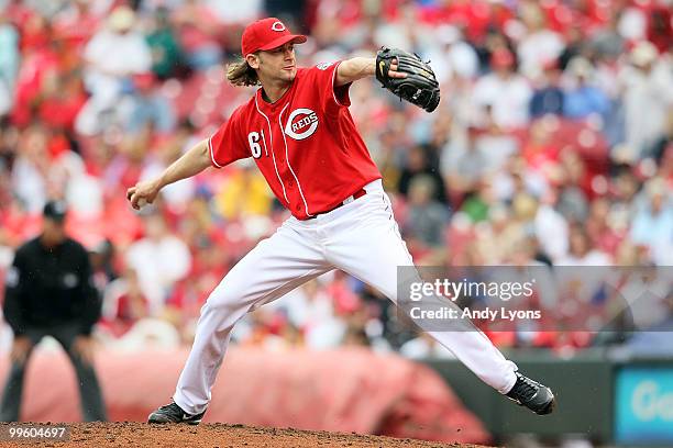 Bronson Arroyo of the Cincinnati Reds throws a pitch during the game against the St. Louis Cardinals at Great American Ball Park on May 16, 2010 in...