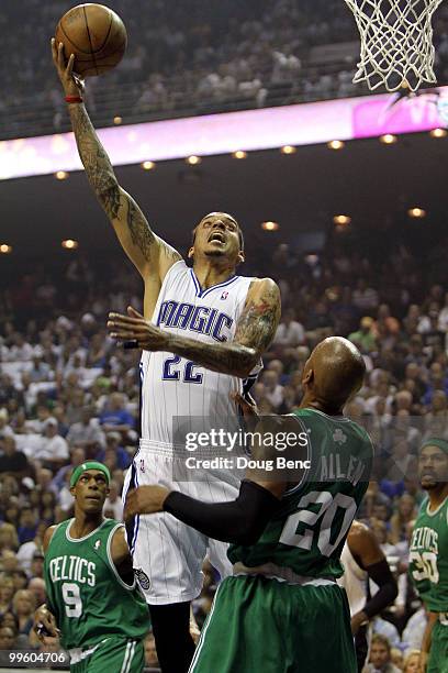 Matt Barnes of the Orlando Magic attempts a shot against Ray Allen of the Boston Celtics in Game One of the Eastern Conference Finals during the 2010...