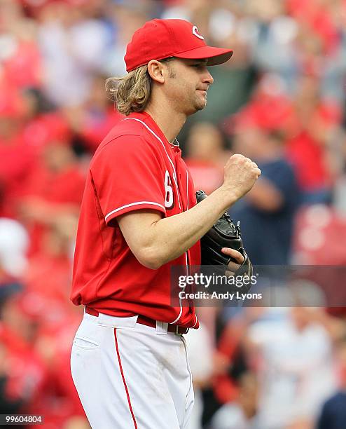 Bronson Arroyo of the Cincinnati Reds celebrates after pitching a complete game against the St. Louis Cardinals at Great American Ball Park on May...