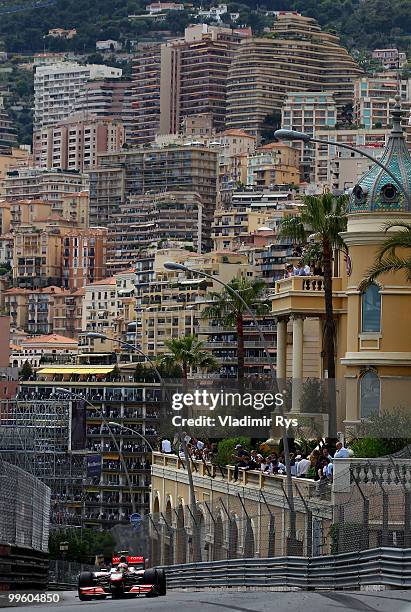 Lewis Hamilton of Great Britain and McLaren Mercedes drives during the Monaco Formula One Grand Prix at the Monte Carlo Circuit on May 16, 2010 in...