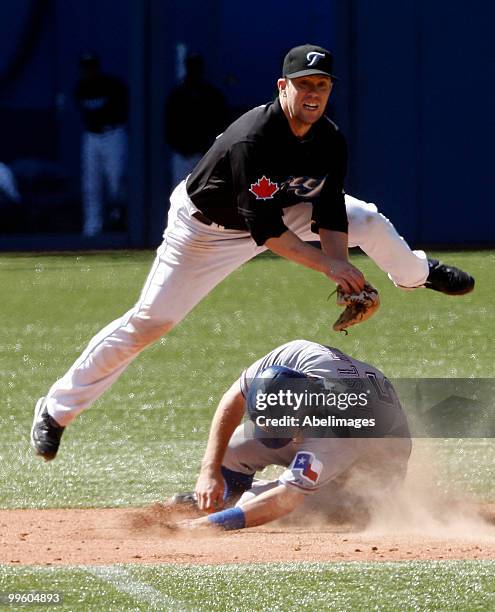 Aaron Hill of the Toronto Blue Jays makes the double play past Ian Kinsler of the Texas Rangers during a MLB game at the Rogers Centre May 16, 2010...