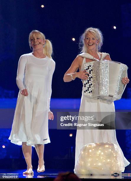 Johanna Virtanen and Susan Aho of Kuunkuiskaajat perform at the open rehearsal at the Telenor Arena on May 16, 2010 in Oslo, Norway. 39 countries...