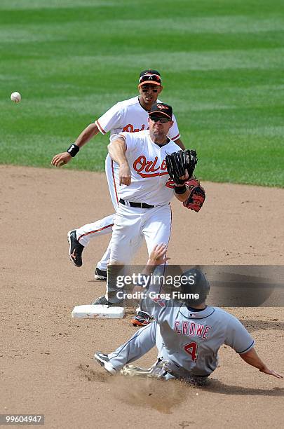 Ty Wigginton of the Baltimore Orioles forces out Trevor Crowe of the Cleveland Indians to start a double play at Camden Yards on May 16, 2010 in...