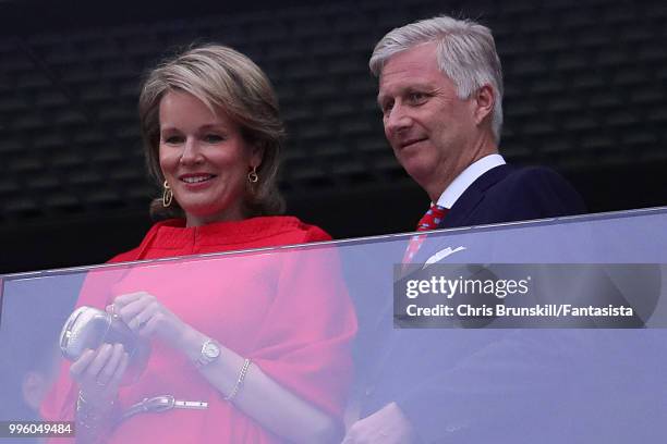 Belgium's Queen Mathilde and King Philippe look on during the 2018 FIFA World Cup Russia Semi Final match between Belgium and France at Saint...
