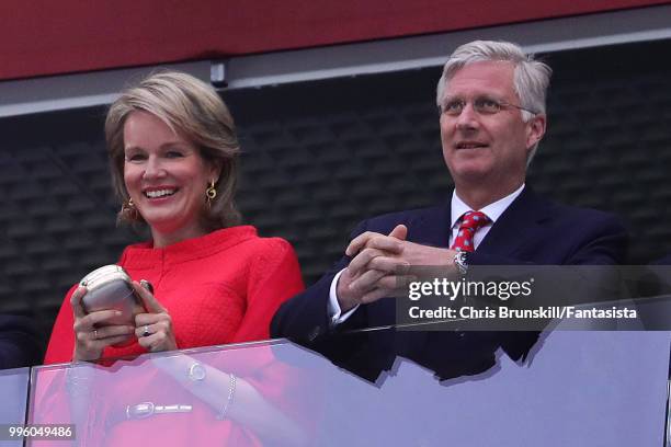 Belgium's Queen Mathilde and King Philippe look on during the 2018 FIFA World Cup Russia Semi Final match between Belgium and France at Saint...