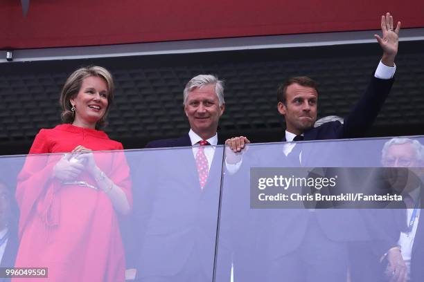 Belgium's Queen Mathilde, Belgium's King Philippe and French President Emmanuel Macron attend the 2018 FIFA World Cup Russia Semi Final match between...