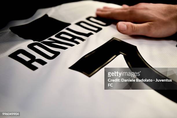 The shirt of Juventus new signing Cristiano Ronaldo is on sale at Jstore on July 11, 2018 in Turin, Italy.