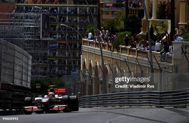 Lewis Hamilton of Great Britain and McLaren Mercedes drives during the Monaco Formula One Grand Prix at the Monte Carlo Circuit on May 16, 2010 in...