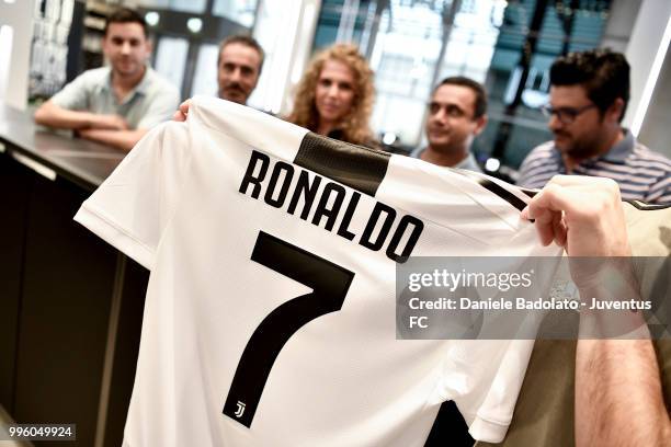 The shirt of Juventus new signing Cristiano Ronaldo is on sale at Jstore on July 11, 2018 in Turin, Italy.