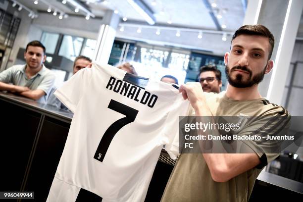 The shirt of Juventus new signing Cristiano Ronaldo is on sale at Jstore on July 11, 2018 in Turin, Italy.