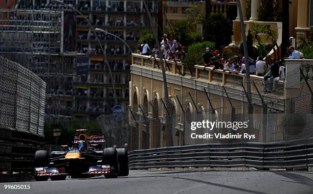 Sebastian Vettel of Germany and Red Bull Racing drives during the Monaco Formula One Grand Prix at the Monte Carlo Circuit on May 16, 2010 in Monte...