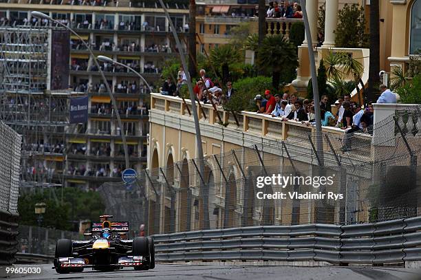 Sebastian Vettel of Germany and Red Bull Racing drives during the Monaco Formula One Grand Prix at the Monte Carlo Circuit on May 16, 2010 in Monte...