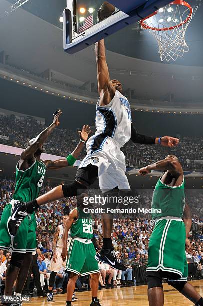 Vince Carter of the Orlando Magic dunks against the Boston Celtics in Game One of the Eastern Conference Finals during the 2010 NBA Playoffs on May...