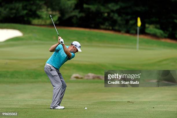 Justin Hicks hits to the fifth green during the final round of the BMW Charity Pro-Am presented by SYNNEX Corporation at the Thornblade Club on May...