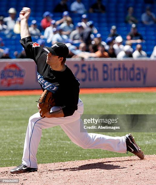 Brandon Morrow of the Toronto Blue Jays throws against the Texas Rangers during a MLB game at the Rogers Centre May 16, 2010 in Toronto, Ontario,...