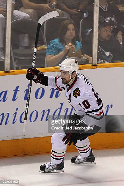 Patrick Sharp of the Chicago Blackhawks reacts after scoring a second period goal against the San Jose Sharks in Game One of the Western Conference...