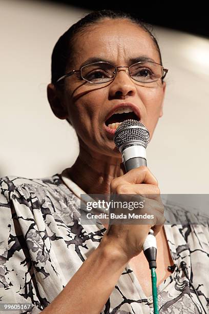 Pre-Candidate Marina Silva speaks during a conference to launch her campaign for the 2010 Presidential Elections at Casa de Shows Rio Sampa on May...