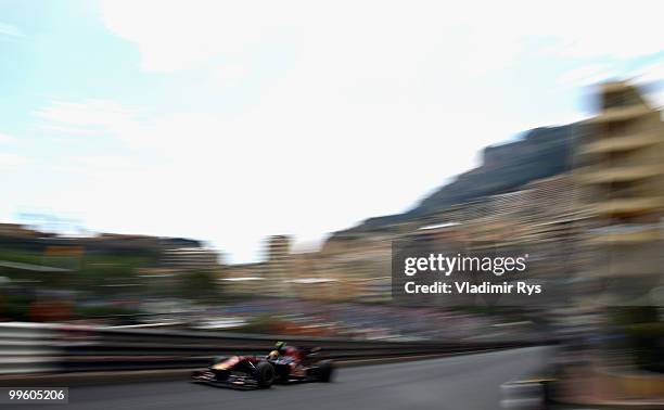 Jaime Alguersuari of Spain and Scuderia Toro Rosso drives during the Monaco Formula One Grand Prix at the Monte Carlo Circuit on May 16, 2010 in...