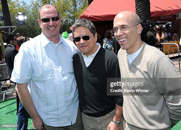 Vice Chairman of Paramount Pictures Rob Moore, CEO of Paramount Pictures Brad Grey and CEO of DreamWorks Animation Jeffrey Katzenberg arrive at the...