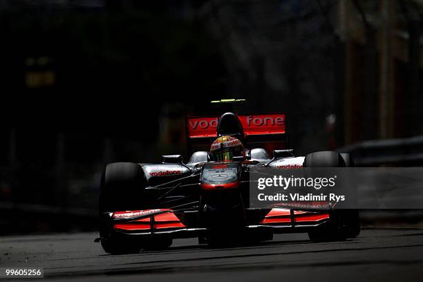 Lewis Hamilton of Great Britain and McLaren Mercedes drives during the Monaco Formula One Grand Prix at the Monte Carlo Circuit on May 16, 2010 in...