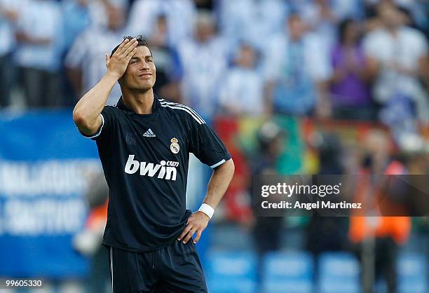 Cristiano Ronaldo of Real Madrid reacts during the La Liga match between Malaga and Real Madrid at La Rosaleda Stadium on May 16, 2010 in Malaga,...