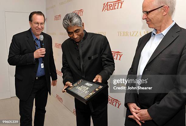 Variety executive director Steve Gaydos, producer Ashok Amritraj and editor of Variety Tim Grey speak at the Variety Celebrates Ashok Amritraj event...