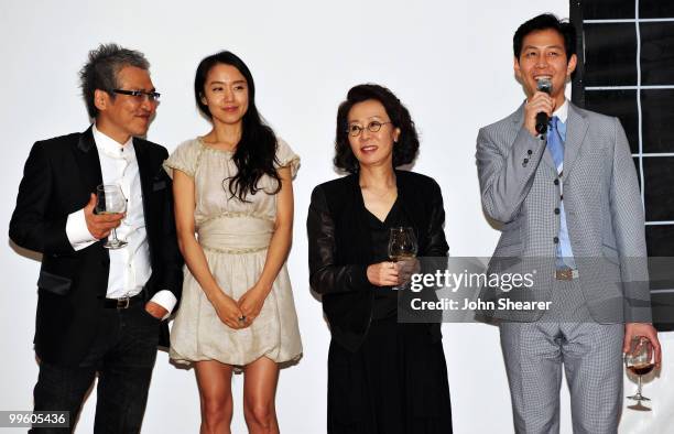 Im Sang-Soo, actress Jeon Do-Youn, Young Yuh-jung and Lee Jung-jae attend the Korean Film & Cinema Party at the Vegaluna Beach during the 63rd Annual...