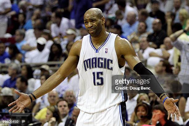 Vince Carter of the Boston Celtics reacts against the Orlando Magic against the Boston Celtics in Game One of the Eastern Conference Finals during...