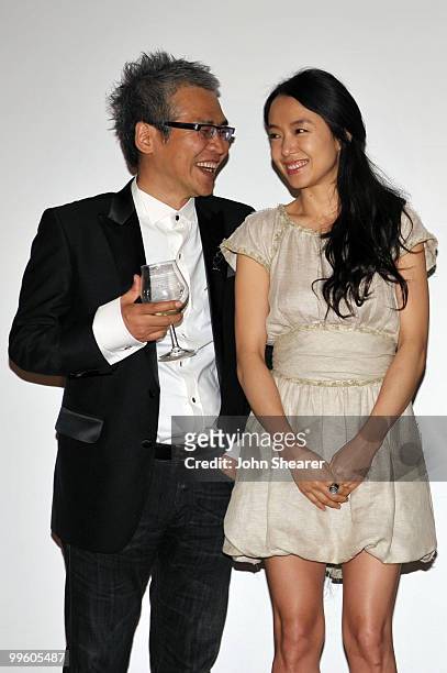 Im Sang-Soo and actress Jeon Do-Youn attend the Korean Film & Cinema Party at the Vegaluna Beach during the 63rd Annual Cannes Film Festival on May...