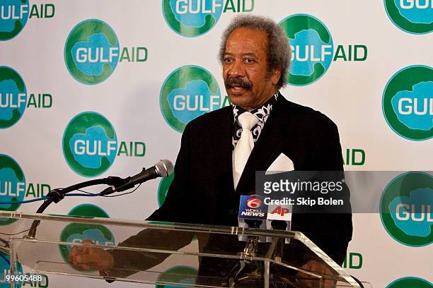 New Orleans musician Allen Toussaint speaks at a press conference at the GULF AID benefit concert at Mardi Gras World River City on May 16, 2010 in...