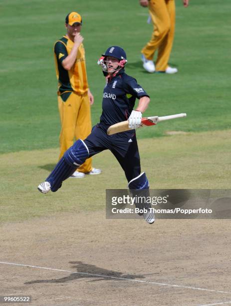 Paul Collingwood of England celebrates hitting the winning runs in the final of the ICC World Twenty20 between Australia and England at the...
