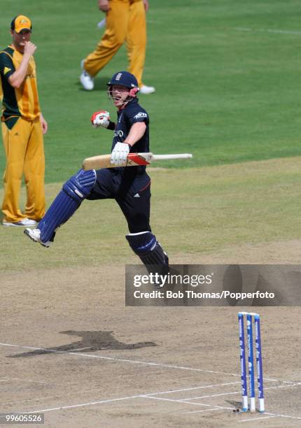 Paul Collingwood of England celebrates hitting the winning runs in the final of the ICC World Twenty20 between Australia and England at the...