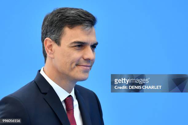 Spain's Prime Minister Pedro Sanchez arrives to attend the NATO summit, in Brussels, on July 11, 2018.