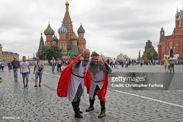 England fans pose in Red Square ahead of tonight's World Cup semi-final game between England and Croatia on July 11, 2018 in Moscow, Russia.