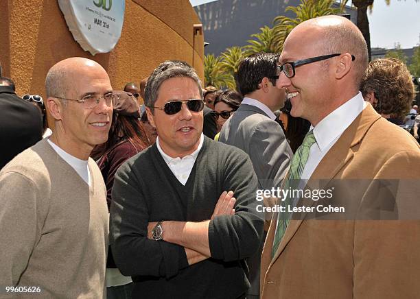 Dreamworks Animation CEO Jeffrey Katzenberg, CEO of Paramount Brad Grey and director Mike Mitchell arrive at the "Shrek Forever After" Los Angeles...