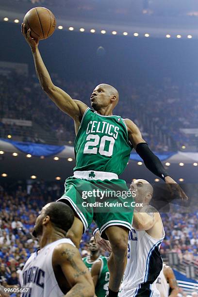 Ray Allen of the Boston Celtics drives for a shot attempt against the Orlando Magic in Game One of the Eastern Conference Finals during the 2010 NBA...