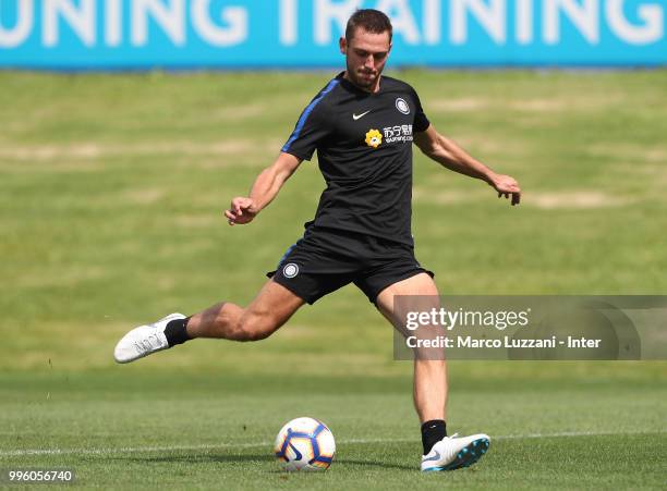 Stefan De Vrij of FC Internazionale kicks a ball during the FC Internazionale training session at the club's training ground Suning Training Center...