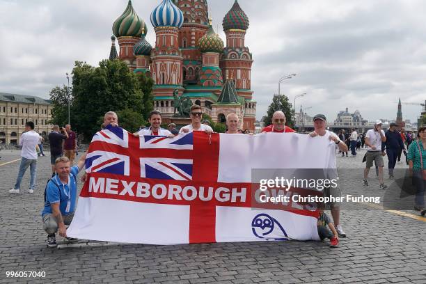 England fans pose in Red Square ahead of tonight's World Cup semi-final game between England and Croatia on July 11, 2018 in Moscow, Russia.