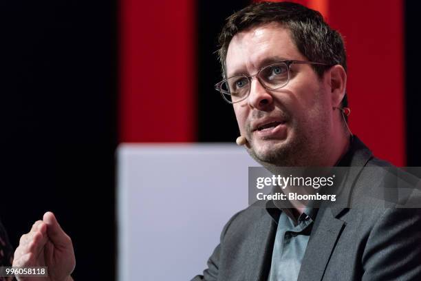 Jager McConnell, chief executive officer of Crunchbase Inc., speaks during the Rise conference in Hong Kong, China, on Wednesday, July 11, 2018. The...