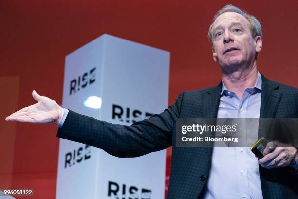 Brad Smith, president and chief legal officer of Microsoft Corp., speaks during the Rise conference in Hong Kong, China, on Wednesday, July 11, 2018....