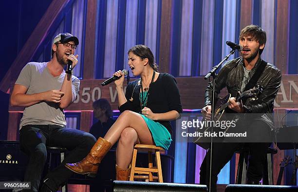 Singer/Songwriters Charles Kelley, Hillary Scott and Dave Haywood of Lady Antebellum rehearse for the Music City Keep on Playin' benefit concert at...