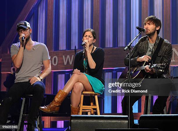 Singer/Songwriters Charles Kelley, Hillary Scott and Dave Haywood of Lady Antebellum rehearse for the Music City Keep on Playin' benefit concert at...