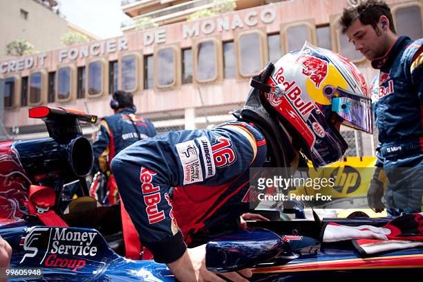 Sebastien Buemi of Switzerland and Scuderia Toro Rosso is seen before the Monaco Formula One Grand Prix at the Monte Carlo Circuit on May 16, 2010 in...
