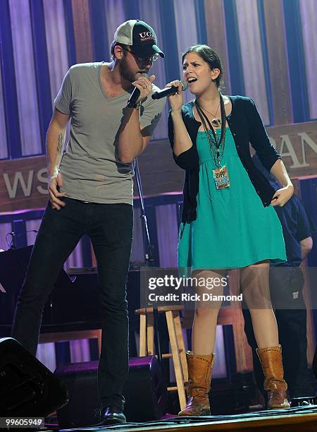 Singer/Songwriters Charles Kelleyand Hillary Scott of Lady Antebellum rehearse for the Music City Keep on Playin' benefit concert at the Ryman...