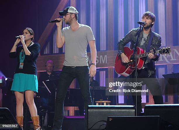 Singer/Songwriters Hillary Scott, Charles Kelley and Dave Haywood of Lady Antebellum rehearse for the Music City Keep on Playin' benefit concert at...