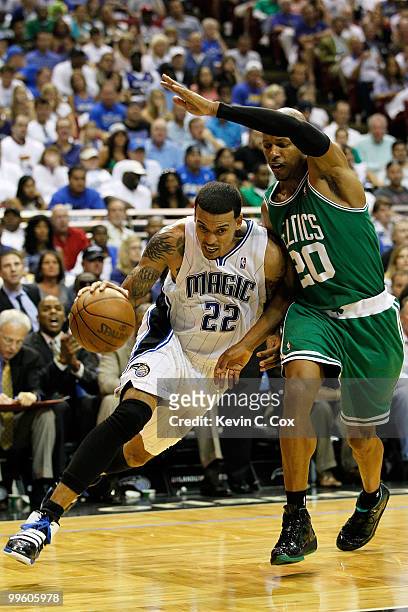 Matt Barnes of the Orlando Magic drives against Ray Allen of the Boston Celtics in Game One of the Eastern Conference Finals during the 2010 NBA...