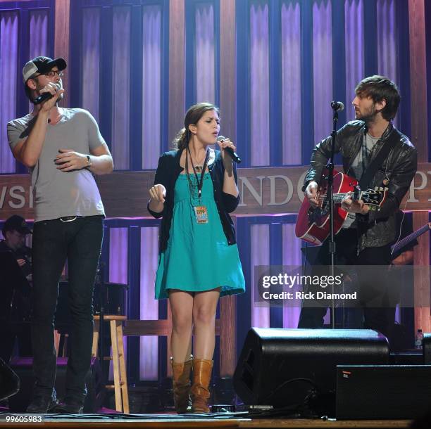 Singer/Songwriters Charles Kelley, Hillary Scott and Dave Haywood of Lady Antebellum rehearse for the Music City Keep on Playin' benefit concert at...